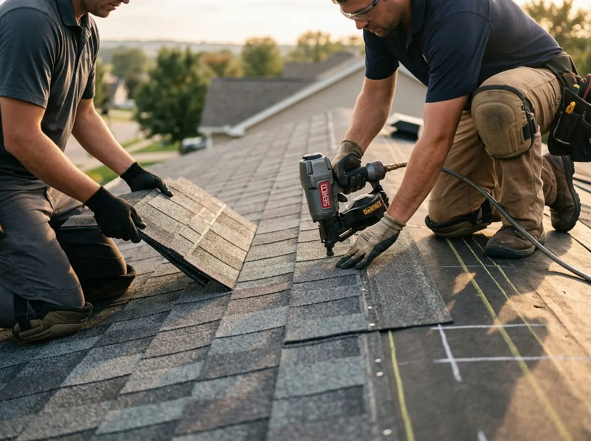 Professional roofer working on a residential roof in Atascadero